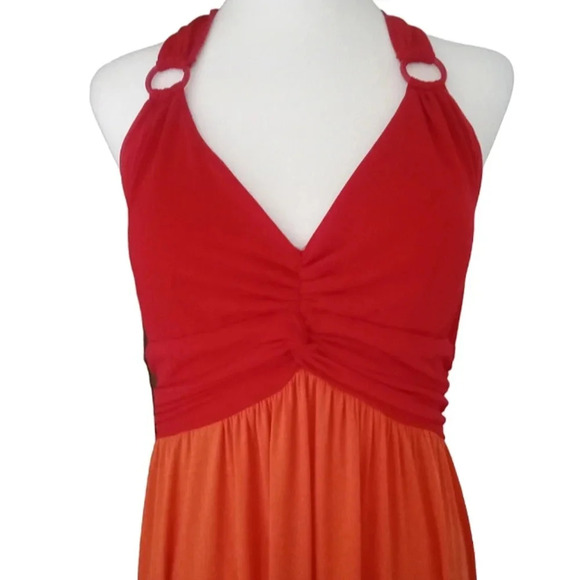 Muse Multicolor Tiered‎ Halter Style Maxi Dress Stretchy Red Orange Pink Size 12 - Picture 2 of 6